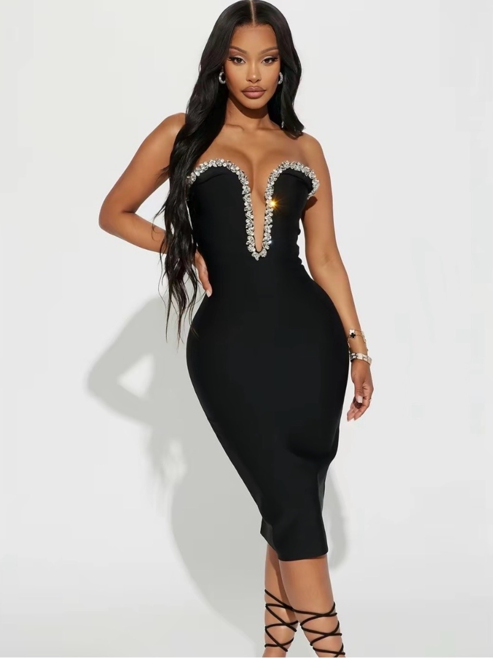 Strapless Black Midi Dress with Crystal Trim